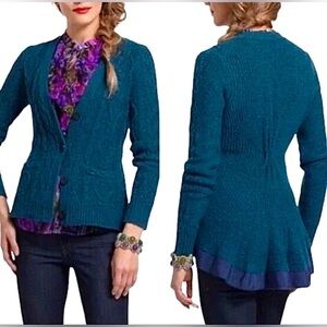 Far Away From Close Anthropologie Teal Ruffle Cable Knit Wool Cardigan Sweater M